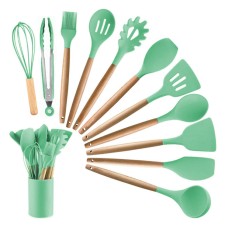 12PC Kitchen Silicone Cooking Utensils Set Non-stick Cookware With Wooden Handle Anti-slip Shovel Spoon Cooking Tool