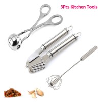 3Pcs Kitchen Tools Stainless Steel Meatball Maker Clip Garlic Press Crusher Hand Pressure Semi-automatic Egg Beater