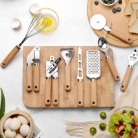 Stainless Steel Kitchen Tools Set Wooden Handle Can Opener Baking Set Pizza Peeler Cheese Knife Cooking Utensils Garlic Press Kitchen Gadgets
