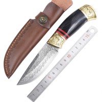 Hot fixed blade knife damascus steel blade brass ox horn handle survival hunting straight knife outdoor tools